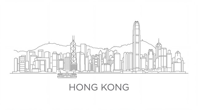 Hong kong skyline line art illustration featuring city skyscrapers