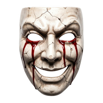 Cracked white theatrical mask with red blood tears isolated on transparent background