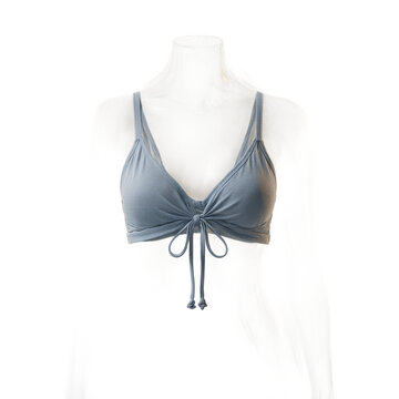 Dusty blue wireless bralette with front tie detail isolated on a transparent background for fashion retail