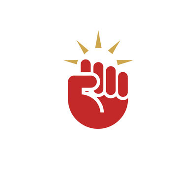 Raised red fist with golden burst