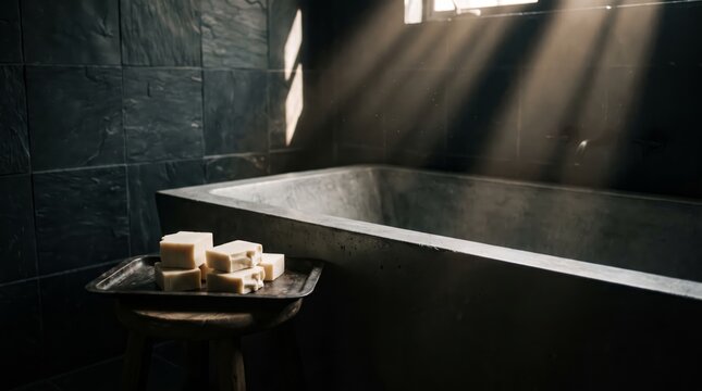 Dark themed bathroom featuring concrete bathtub and soap bars on small stool.