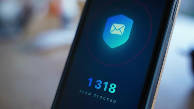 Spam blocker app on smartphone screen with shield icon and blocked counter close-up