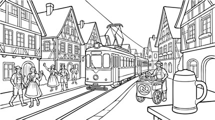 Fototapeta premium Traditional European street scene with a tram, people in folk costumes, and a pretzel vendor, line art illustration