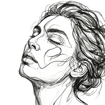 Abstract line art face illustration of a woman with head arched back isolated on a transparent background