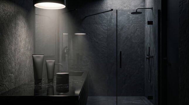 Luxurious dark stone bathroom with modern shower and cosmetic products display.