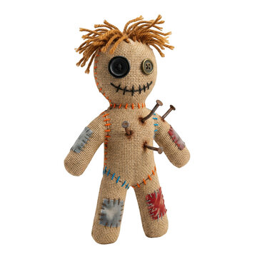 Burlap voodoo doll with button eyes and rusty nails isolated on transparent background