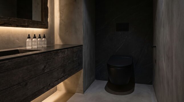 Sleek black toilet next to rustic wooden vanity cabinet in moody dark bathroom.