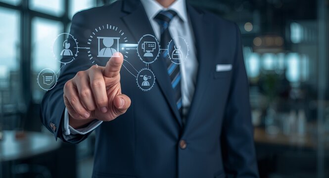 A professional onboarding concept with an individual interacting with virtual onboarding icons. � Business Professional and Corporate Lifestyle Concept for Leadership