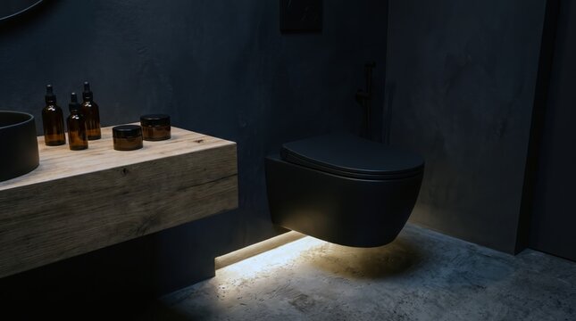 Modern wall hung black toilet with led underlight in minimalist dark bathroom.