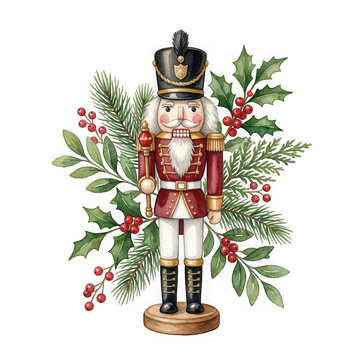 Watercolor illustration of a traditional christmas nutcracker surrounded by holly and pine branches isolated on white isolated on transparent background