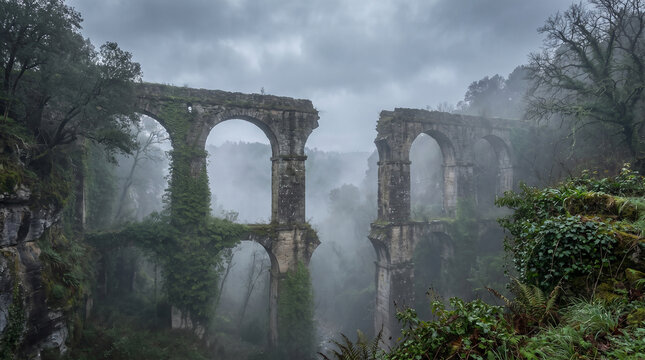 Ancient stone aqueduct ruins emerge from dense fog in overgrown valley.