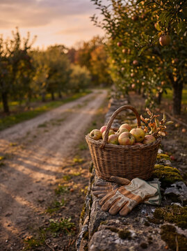 A basket of freshly harvested organic apples and leather gardening gloves on a rustic stone wall during sunset for copertina libro amore