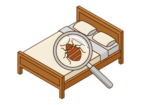 Bed bug under a magnifying glass on a bed isolated on transparent background