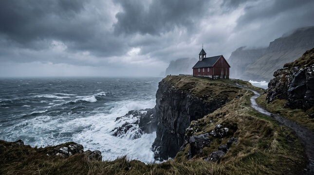 Red church on a cliff overlooking the stormy ocean in the faroe islands.