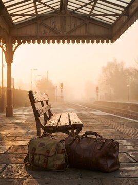 A romantic railway station platform in the morning fog, perfect as a copertina libro amore for a dramatic novel