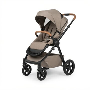 A contemporary baby stroller in a calming neutral beige tone shown against a plain white backdrop ideal for themes of family life and modern
