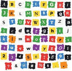Fototapeta premium A complete set of colorful alphabet letters and numbers cut from magazines in a ransom note style on white background