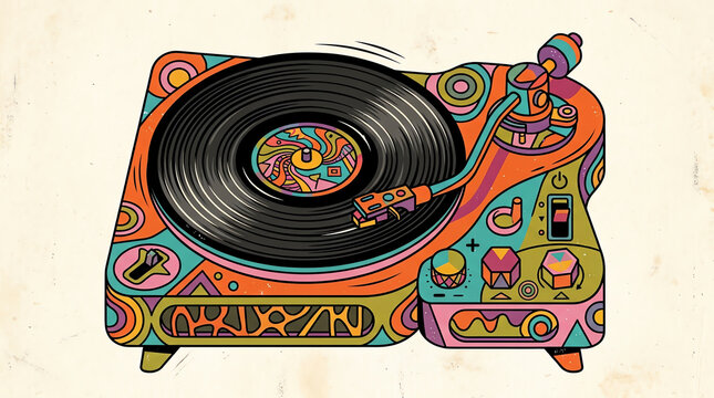 Vinyl turntable record music in audio player retro of vintage psychedelic illustration colorful sound vector