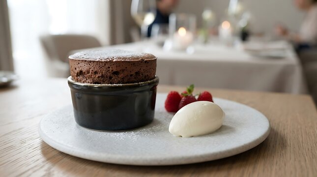 A delicious chocolate souffle served with ice cream and raspberries on national chocolate souffle day at a fine dining restaurant