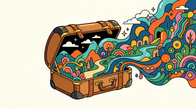 Luggage suitcase travel journey in bag fantasy landscape of adventure dream imagination world nature mountain
