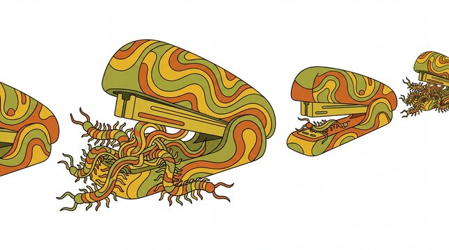 Psychedelic retro staplers jammed open with writhing centipedes in groovy 1970s vector art style