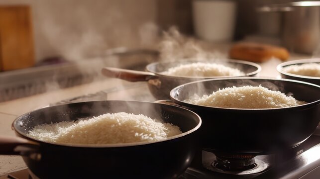Pans filled with boiling white rice release rising steam on a stove in a brightly lit home kitchen.