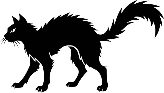 Spooky Halloween Silhouette Of An Arched Back Scared Black Cat Vector