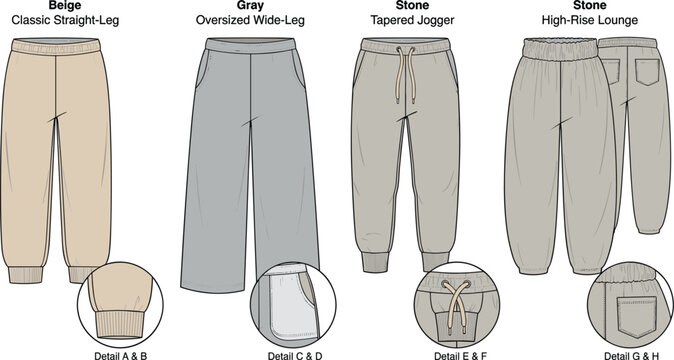 Fashion Tech Pack Vector Set Featuring Casual Pants Styles Including Wide Leg, Classic Straight, Tapered Joggers, and High Rise Lounge Trousers With Details