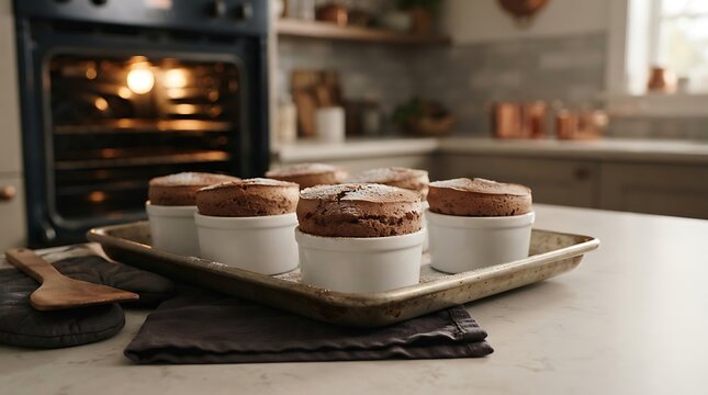 Freshly baked chocolate souffles on a tray to celebrate national chocolate souffle day in kitchen
