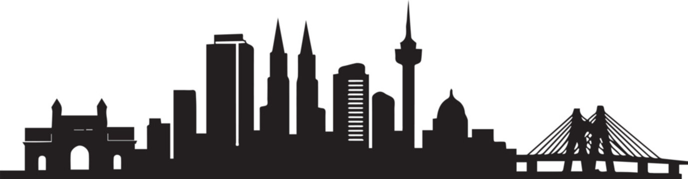 A detailed panoramic view of the mumbai city skyline featuring a clean and minimalist black artistic silhouette