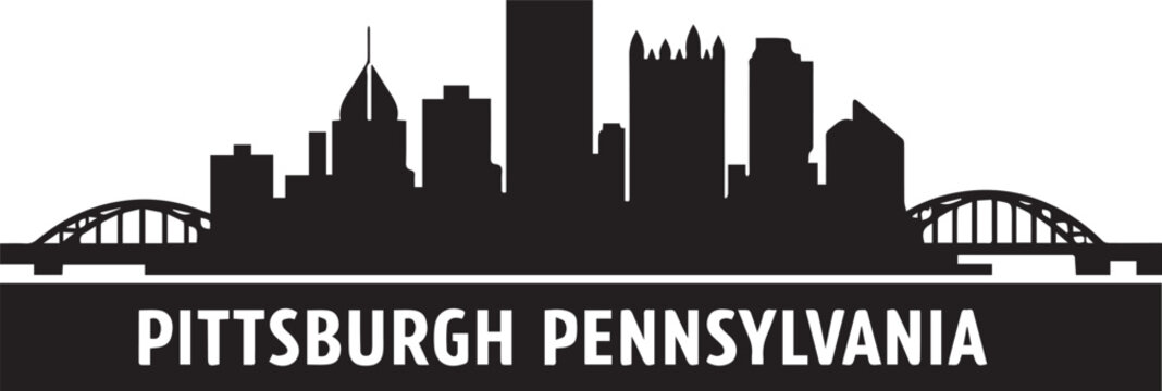 Black and white graphic illustration featuring the iconic city skyline of pittsburgh pennsylvania in a minimalist silhouette