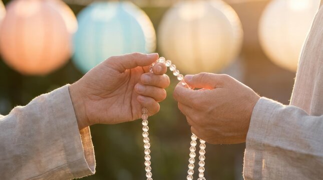 Hands holding white prayer beads against blurred background.