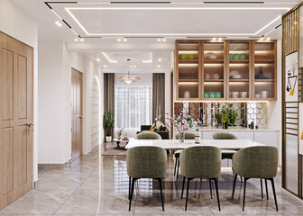 Modern office meeting room with glass walls and wooden bookshelves © Rubel