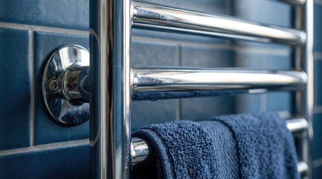 Close Up Chrome Heated Towel Rail with Blue Towel in Modern Bathroom