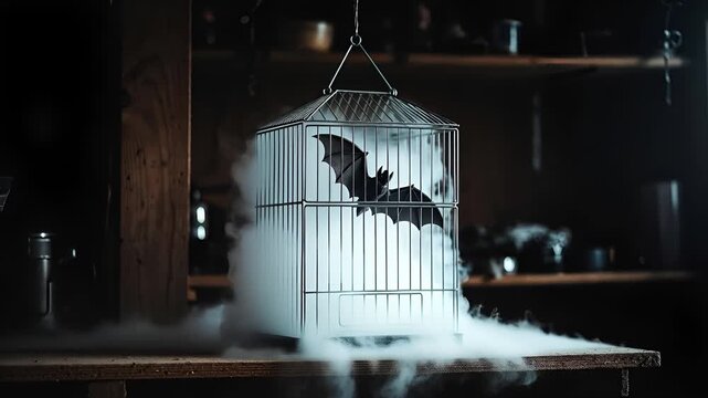 Fog billowing from glass birdcage with plastic bat on garage shelf