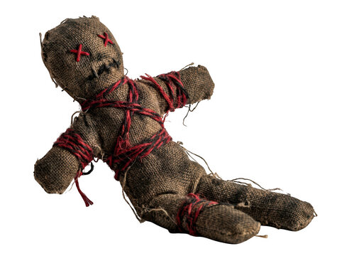 Voodoo doll made of burlap fabric with red stitching and twine isolated on transparent background