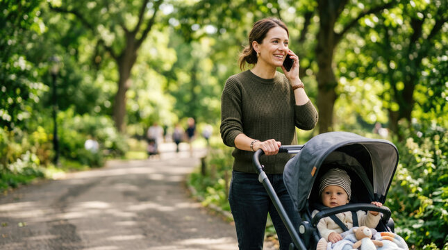 Smiling Mother Talking on Smartphone While Walking With Baby Stroller in Park