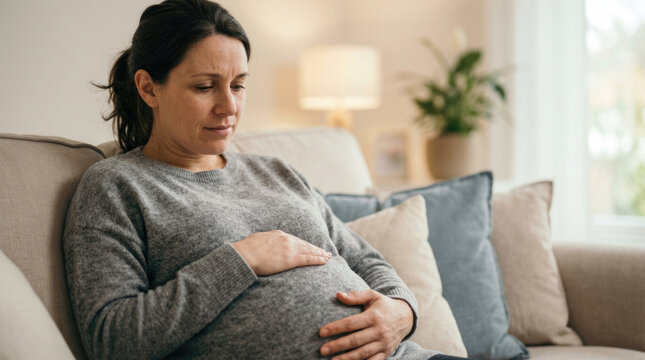 Pregnant Woman Resting on Sofa at Home and Gently Holding Her Belly
