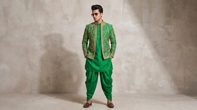 Handsome Indian man wearing green embroidered Modi jacket with Kurta Dhoti outfit for Navratri and Diwali festive ethnic fashion studio portrait