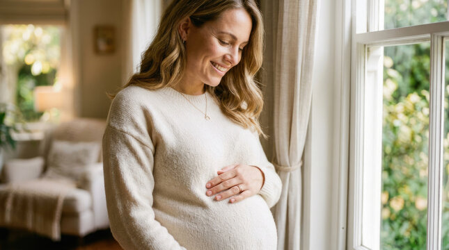 Happy Pregnant Woman Gently Touching Her Belly by Window at Home