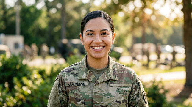 Smiling Female Soldier in Military Uniform Outdoors in Warm Evening Light