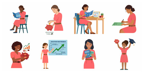 Fototapeta premium Set of Diverse Women Planning for Education Fund, Saving Money in Piggy Bank, and Researching College Tuition Fees