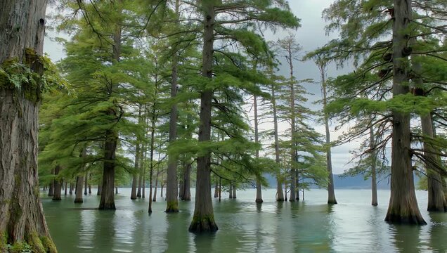 Hardy trees standing tall amidst murky rising floodwaters serving as a compelling visual story on climate change challenges ecosystem endurance extreme weather impact and environmental