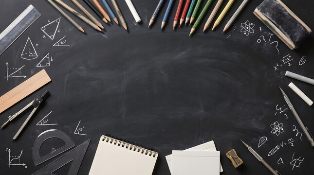 Back to school background with stationery, colored pencils, geometry tools and math doodles on chalkboard with central copy space for Teachers Day.
