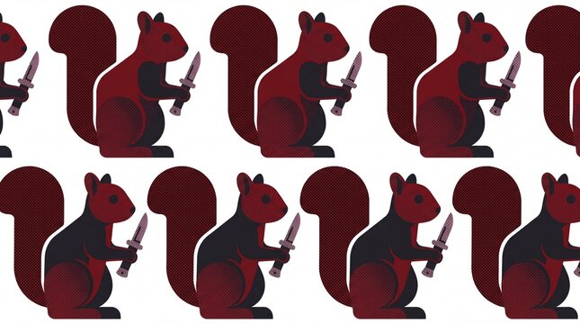 Retro vector seamless pattern of squirrels clutching switchblades with halftone texture