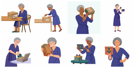Fototapeta premium Set of Senior Woman Entrepreneur Illustrations, Elderly Lady Managing E-commerce Business, Unboxing Packages, Packing Orders, and Online Shopping Concept