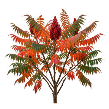 Staghorn sumac plant with vibrant red autumn leaves and seed heads isolated on transparent background