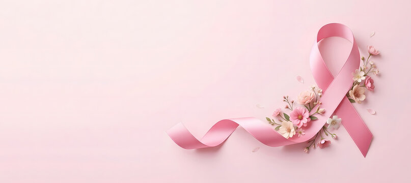 Pink ribbon decorated with delicate flowers on soft pastel background with copy space, breast cancer awareness month banner for web design.