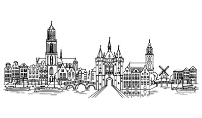 Fototapeta premium Zwolle Netherlands Architecture Line Skyline Famous Landmarks Vector Illustration
