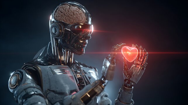 Futuristic robotic hand holding a glowing red orb against a dark background